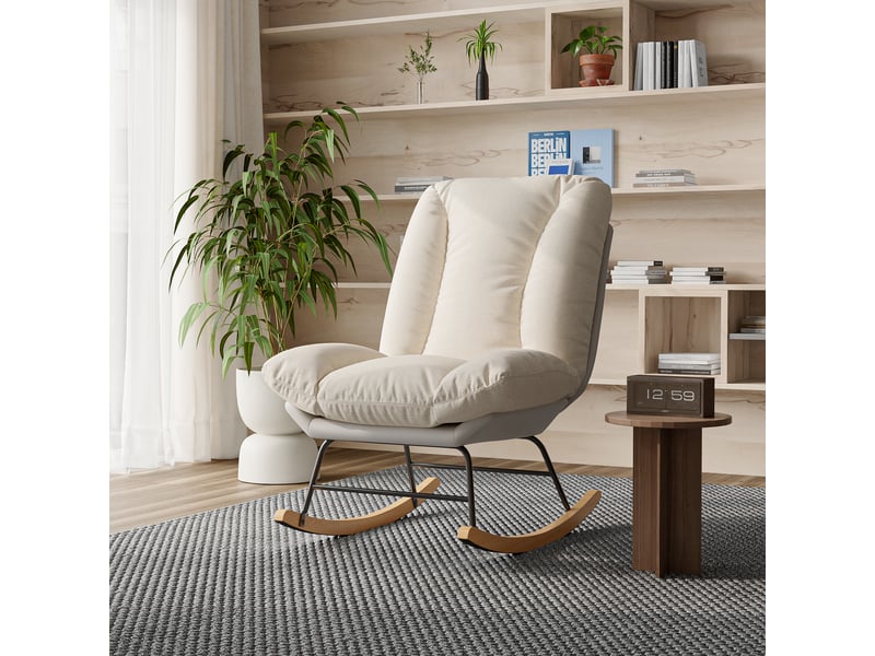  Fauteuil à bascule - 59 x 90,5 x 70 cm - beige et gris - dossier inclinable 5 positions avec tissu lin et similicuir  - Conforama C