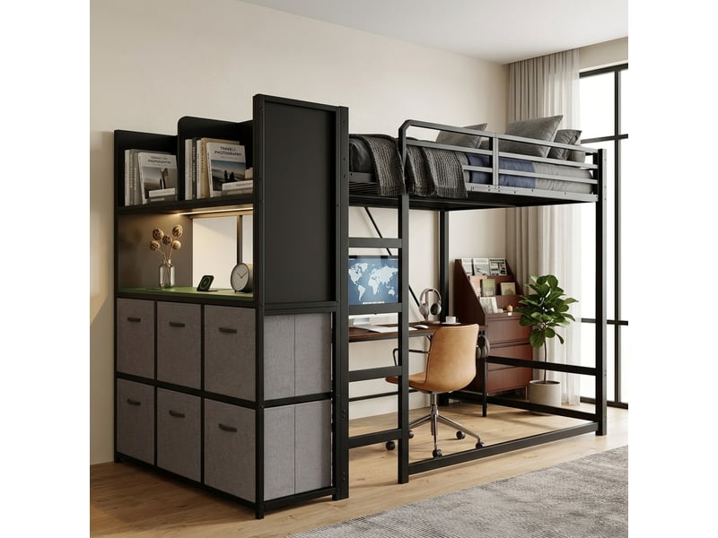 Lit mezzanine 120 x 200 cm en métal noir avec rangement latéral, échelle, éclairage et station usb - Conforama E
