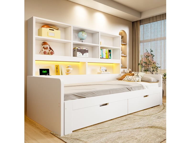  Lit banquette extensible 90180x200 cm blanc avec led, prises et rangements  - Conforama D