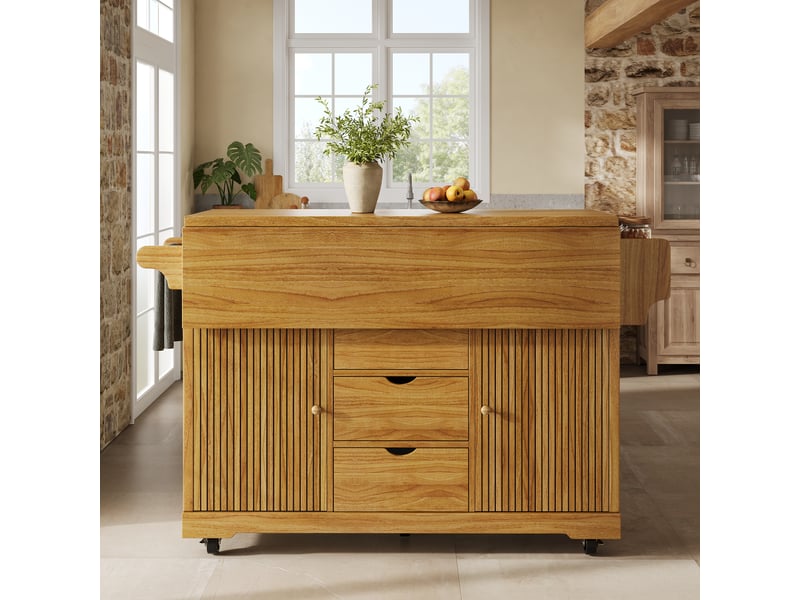 Desserte de cuisine avec rallonges rabattables, chariot de cuisine hauteur ergonomique 95 cm, 3 tiroirs et roulettes, marron foncé - Conforama D