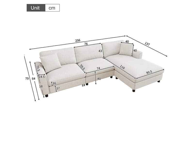  Canapé d'angle 3 places avec méridienne réversible 256 x 137 x 79 cm, en chenille beige  - Conforama C