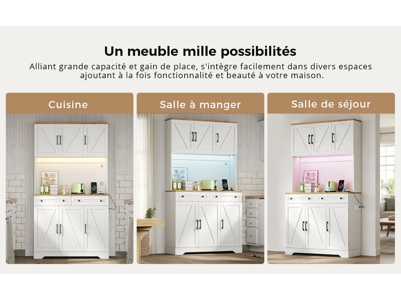  Buffet de cuisine en mdf 100x40x180 cm, organiseur coulissant, 2 tiroirs, balconnets de porte, led et prises usb  - Conforama D