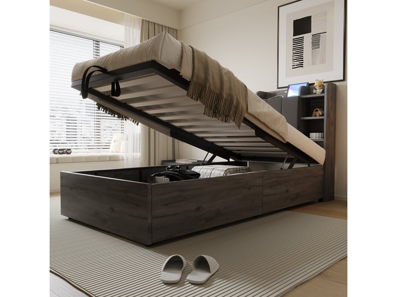  Lit coffre 90 x 200 cm, coffre à relevage hydraulique, ports usb, étagères de rangement, sommier à lattes, pour la chambre, mdf, gris ABC - Conforama B