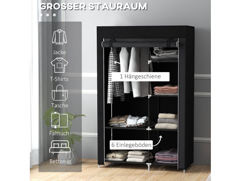  Armoire penderie en tissu noir 103 x 43 x 162,5 cm, 6 étagères et tringle  - Conforama D