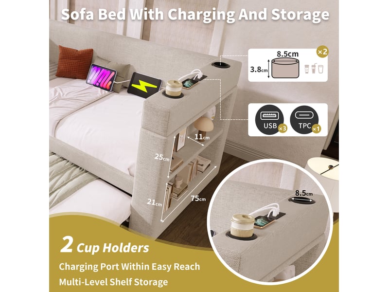  Lit gigogne, 90x190 cm, avec connectiques usb et type-c, rangements ouverts, matelas non inclus, bois, coloris beige  - Conforama E
