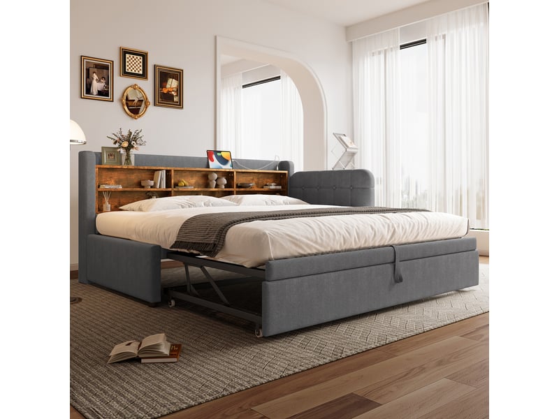  Lit gigogne 90180x200 cm, sommier inclus, usb-c, tissu lin gris, structure mdf, sans matelas  - Conforama W
