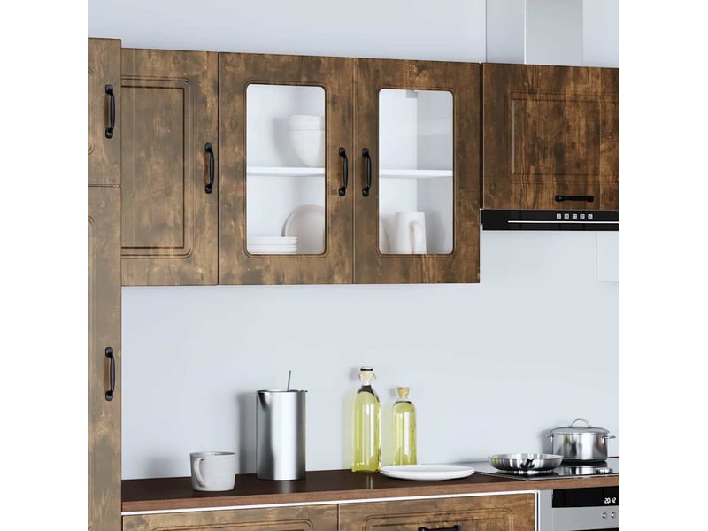  Armoire murale de cuisine avec porte vitrée kalmar chêne fumé bois d'ingénierie shl5681  - Conforama D