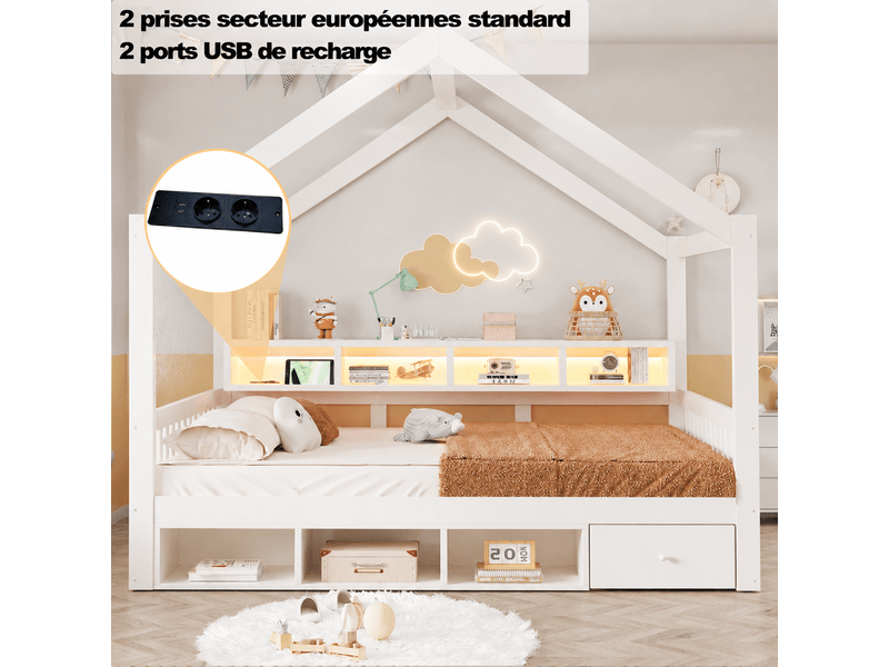  Lit cabane 140x200cm, tiroirs et étagères, barrières, led et prises, sommier à lattes, pin et panneaux de bois, blanc OMNIGLINT TRADING LTD - Conforama E