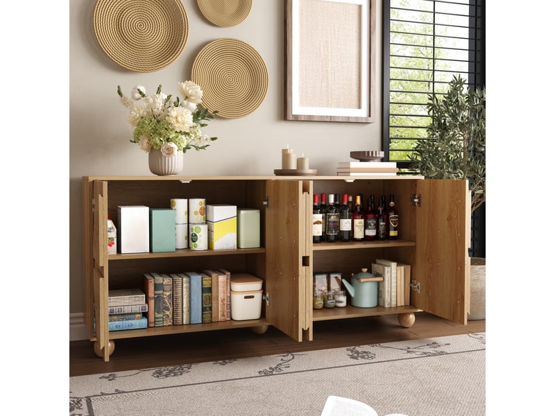  Meuble à chaussures 4 portes bois naturel - sideboard buffet meuble de rangement avec relief circulaire et pieds en bois  - Conforama E