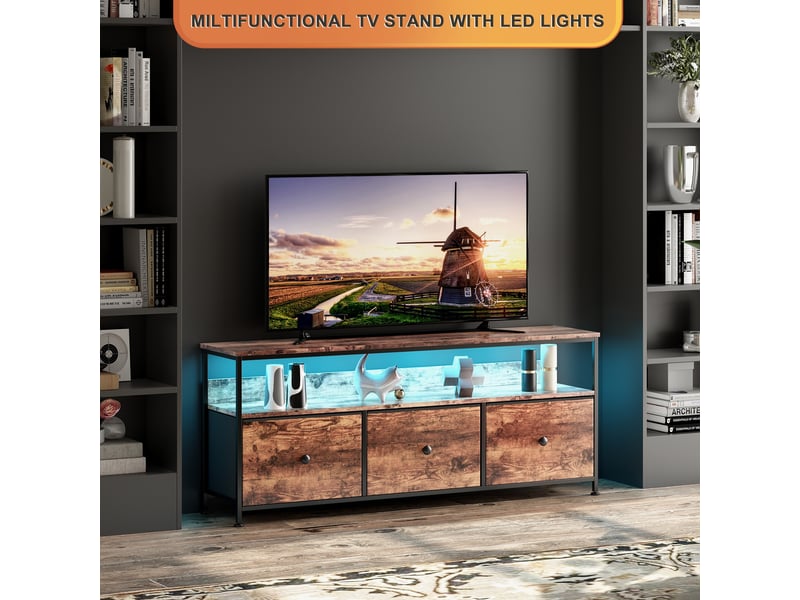 Meuble tv multimédia avec led - buffet led - design rétro chic - tiroirs en tissu effet bois - 108cmx30x57cm - marron - Conforama D