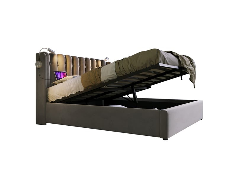  Lit coffre 2 places 140x200 cm gris, coffre, usb et liseuses  - Conforama A