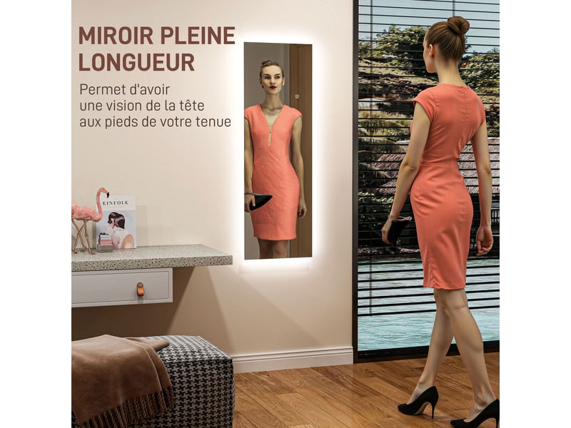  Grand miroir mural led miroir pleine longueur 3 couleurs de lumière réglables fonction mémoire transparent 120 x 40 cm  - Conforama A