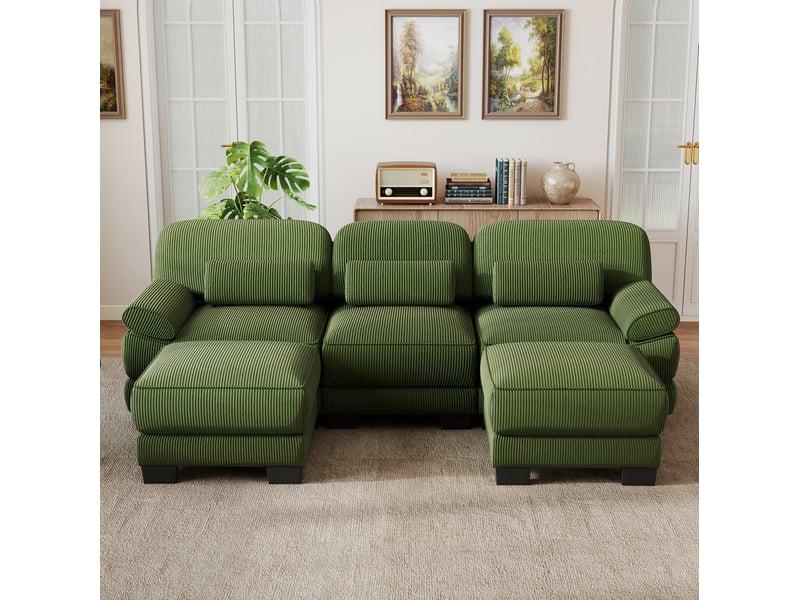  Canapé modulable 3 places 265x161x94 cm, coussins d’assise épais, assise profonde, avec 2 poufs, en velours côtelé, vert  - Conforama D
