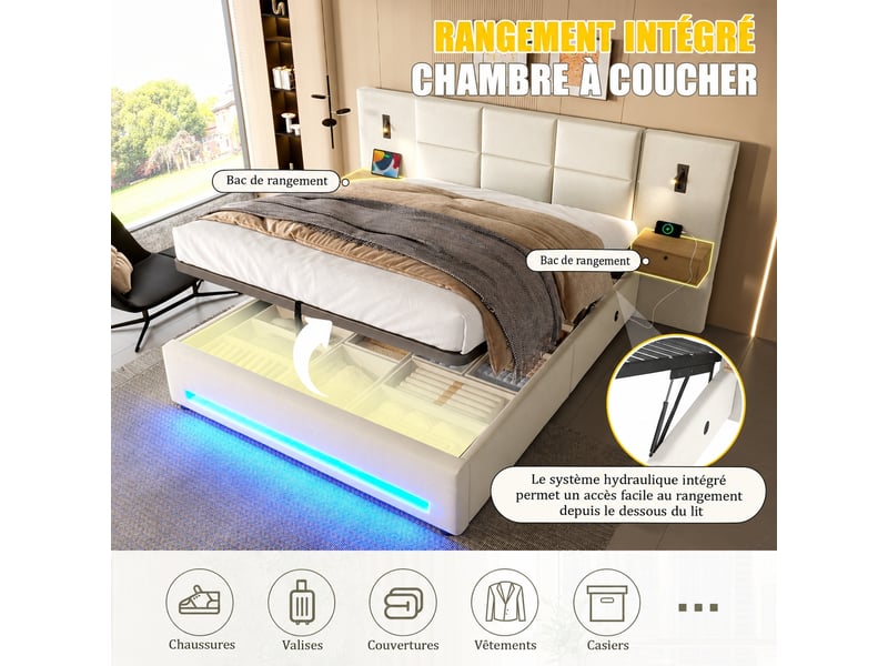 Lit coffre 160 x 200 cm en velours beige, ouverture hydraulique, tête de lit avec tiroirs, led et usb-c - Conforama E