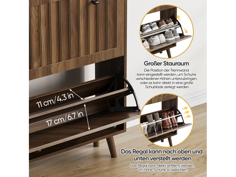  Meuble à chaussures,80x24x95 cm,2 abattants et rangement,mdf,effet noyer  - Conforama E