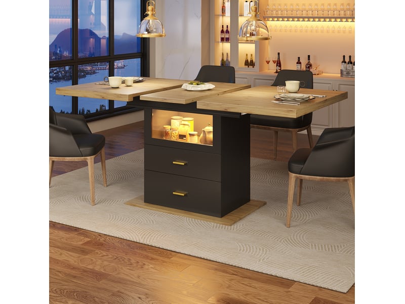  Table de salle à manger pour 6 personnes avec 2 tiroirs et plateau extensible, éclairage led, bois et noir  - Conforama D