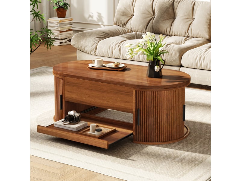  Table basse relevable 110x55x55 cm avec rangement caché, 2 portes coulissantes, tablette extensible, façades rainurées, mdf effet noyer  - Conforama C