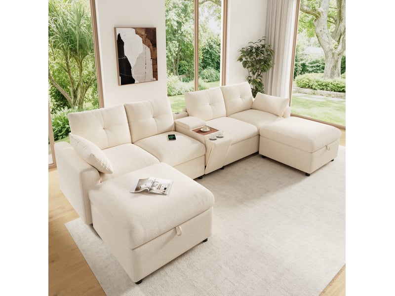  Canapé d'angle modulable 6 places 316x140x84.5 cm en chenille beige  - Conforama E