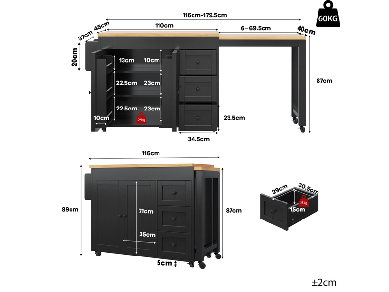  Île de cuisine modulable extensible 116–179,5 cm, planche extensible jusqu’à 69,5 cm, avec 3 tiroirs, étagères latérales et roulettes, blancnoir  - Conforama C