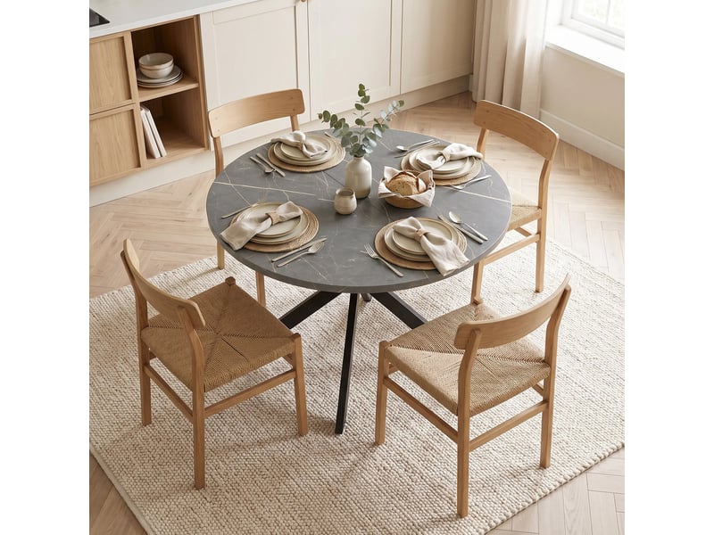 Table extensible ovale 4-6 pers. L.100-135 cm pieds croisés acier noir effet marbre noir - Conforama E