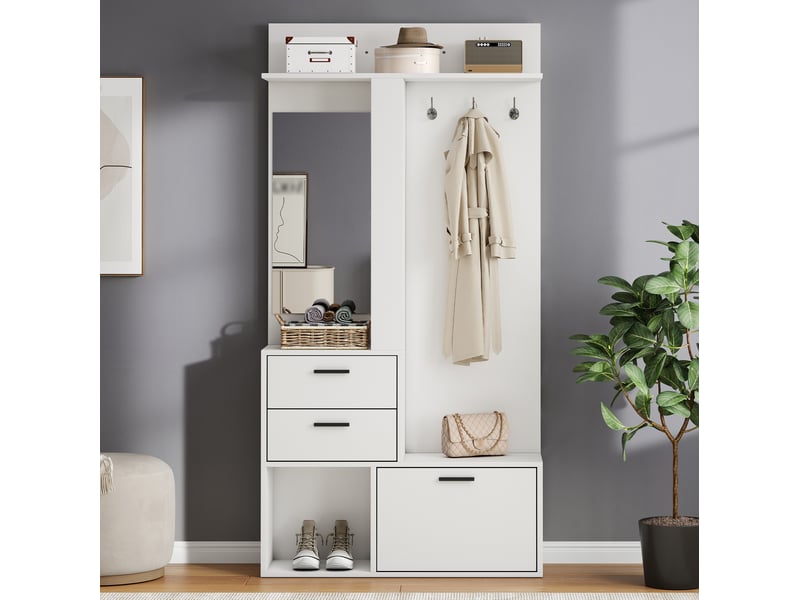  Meuble d'entrée avec miroir, 2 tiroirs, range-chaussures rabattable et 3 crochets, mdf blanc, 90 × 30 × 180 cm  - Conforama B