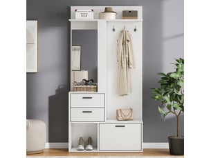 Meuble d'entrée avec miroir, 2 tiroirs, range-chaussures rabattable et 3 crochets, mdf blanc, 90 × 30 × 180 cm