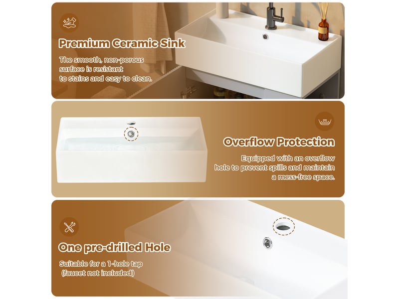  Meuble vasque salle de bain 55x32x87 cm, pose libre, façade rainurée, porte fermeture douce, céramique, gris  - Conforama E