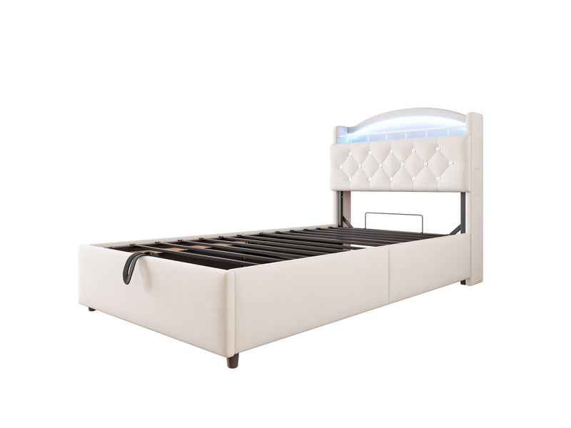  Lit simple enfant 90x200 cm, velours beige, éclairage led, prises usb, rangement sous lit et base solide  - Conforama A