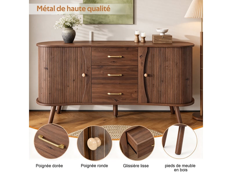  Buffet bas de rangement 150 cm effet noyer, 2 portes coulissantes rainurées, 3 tiroirs, étagères réglables et pieds en bois massif  - Conforama E