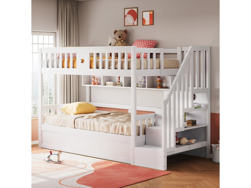  Lit superposé 90x200 cm - lit simple enfant avec escalier pratique et rangements - style moderne - bois de pin et mdf - sans matelas - blanc  - Conforama D