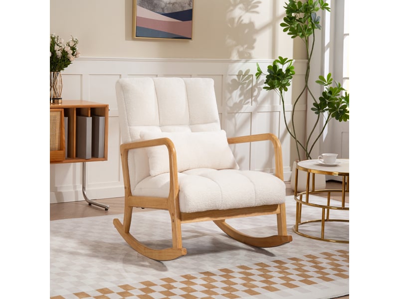 Fauteuil à bascule inclinable 90°-130° avec coussin lombaire, revêtement en tissu sherpa, 64,5 x 82 x 89 cm, coloris blanc et bois - Conforama D