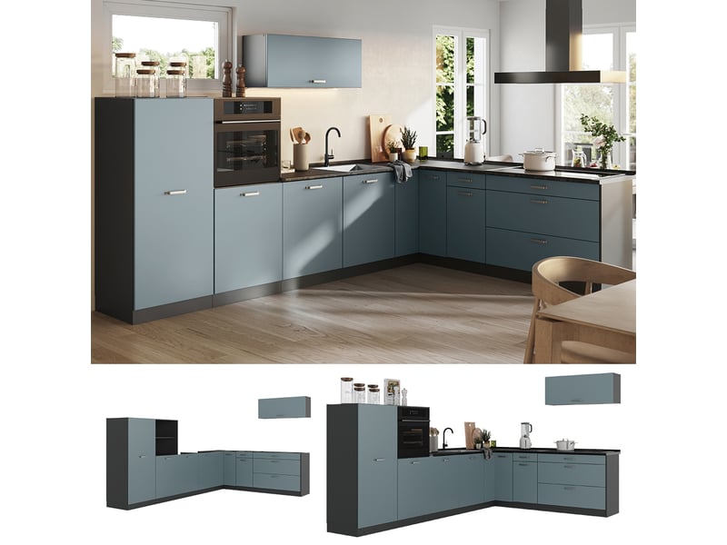 Vicco cuisine en angle, bleu-grisanthracite, 327 x cm plan de travail chêne doré - Conforama D
