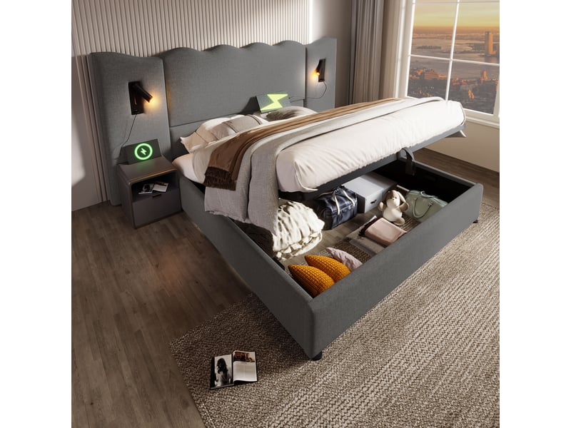  Lit coffre 180 × 200 cm en lin gris, liseuse orientable 360°, usb-c et sommier à lattes Fay Lum - Conforama B