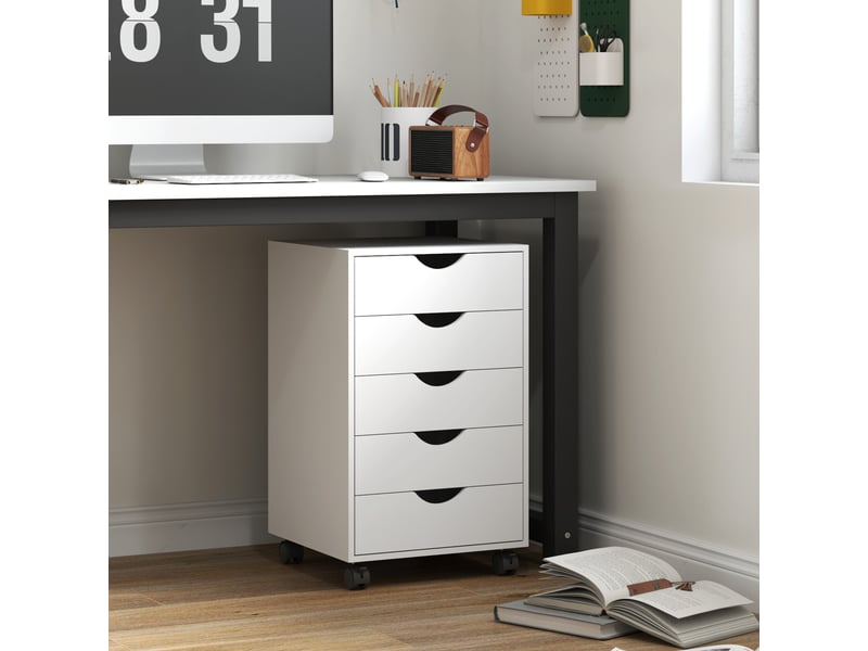  Caisson bureau mobile, meuble rangement sur roulettes avec 5 tiroirs, bois, blanc, 40 x 40 x 67 cm  - Conforama D