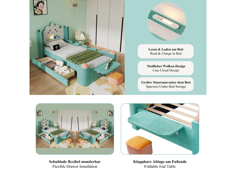 Lit enfant simple 90×200 cm lampe led, usb, tiroir et tablette - sans matelas, velours bleu-vert - Conforama E