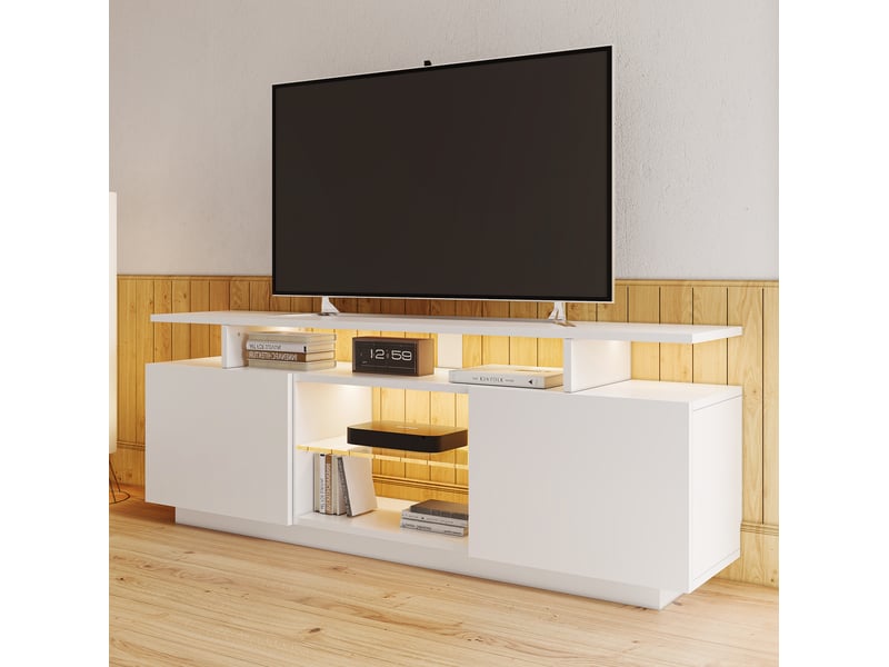  Meuble tv modenvie blanc led 16 couleurs 140 x 35 x 55 cm avec 2 portes et rangements  - Conforama B