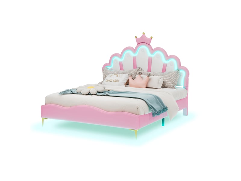  Lit enfant 140x200 cm avec led et tête couronne, similicuir, rose, sans matelas  - Conforama A