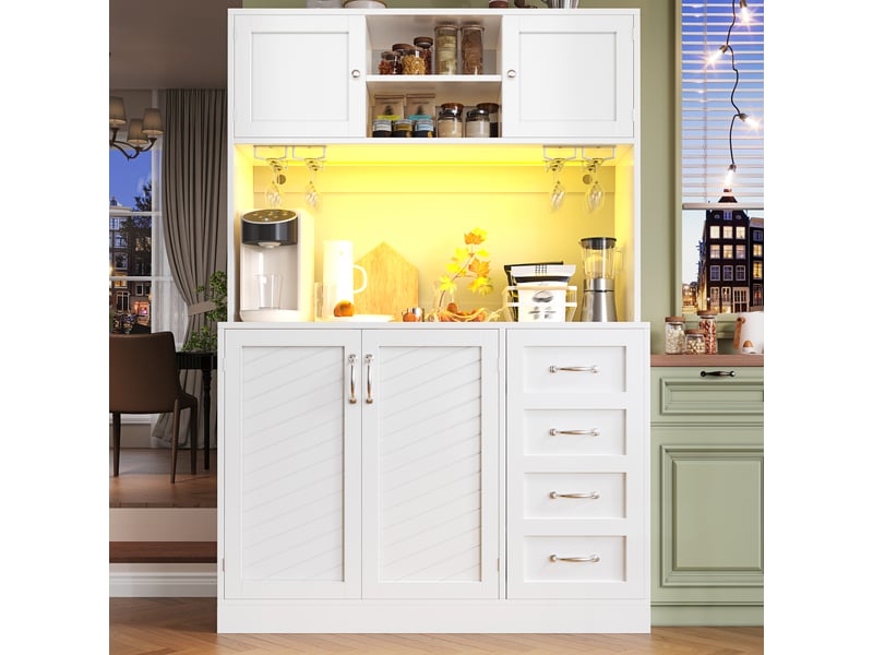  Armoire de cuisine, avec éclairage led, 120 x 40 x 188 cm, avec 4 portes, coloris vert et noir et blanc, solution de rangement fonctionnelle  - Conforama E