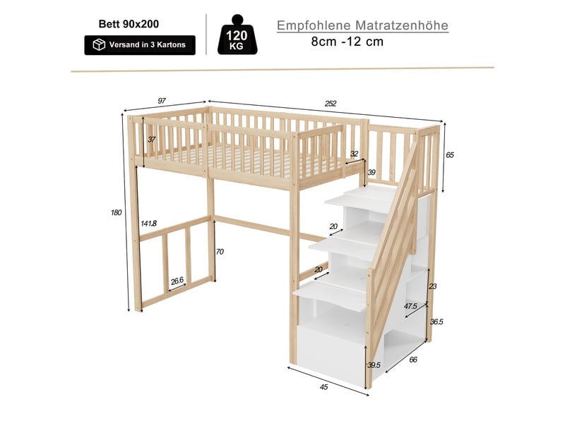  Lit mezzanine enfant 200×90 cm avec escalier de rangement et bureau, sans matelas, en pin massif, coloris bois naturel  - Conforama D