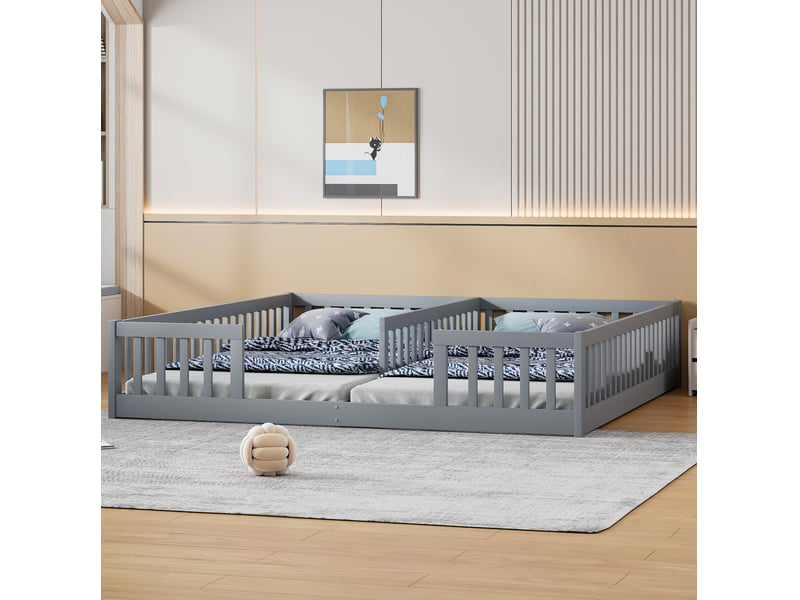  Modenvie lit enfant double au sol 90x200 cm - avec barrières de sécurité, sommier inclus, sans matelas - gris  - Conforama E