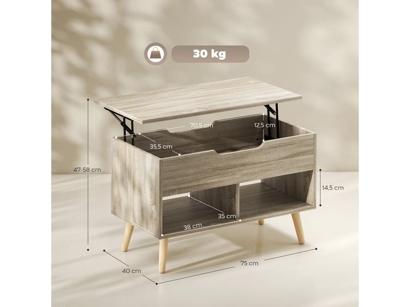  Table basse relevable, table de salon avec compartiment caché et étagères ouvertes, 75 x 40 x 58 cm, bois naturel  - Conforama E