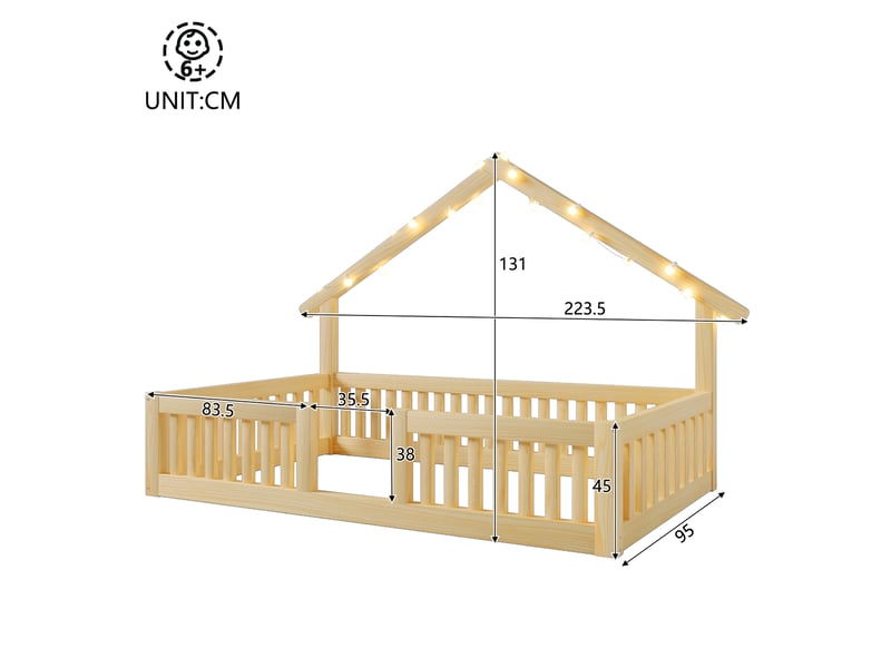  Lit cabane enfant 90 x 200 cm en bois avec barrière de sécurité et guirlande led, naturel  - Conforama E