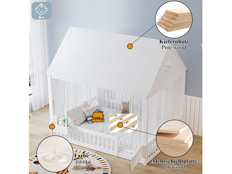  Lit cabane enfant 140x200 cm – blanc – rideaux décoratifs et rangement latéral ouvert – sans matelas  - Conforama E