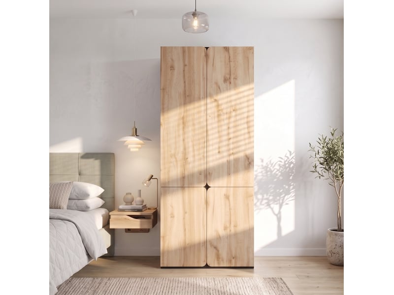  Armoire modenvie 4 portes 90 x 50 x 200 cm avec penderie et 3 tiroirs décor chêne  - Conforama E