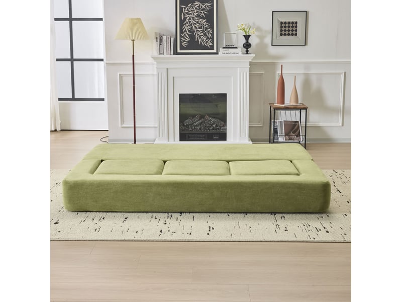  Canapé convertible 3 places modulaire avec 3 repose-pieds, fonction couchage et tapis de jeu en chenille vert  - Conforama E
