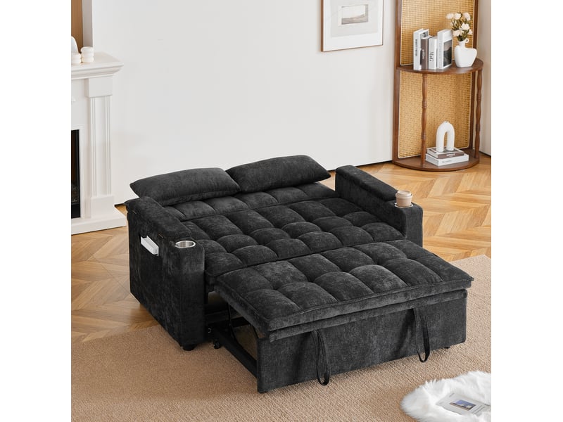  Canapé droit convertible 2 places en tissu noir 3-en-1 avec rangement et porte-gobelets, idéal au quotidien  - Conforama B