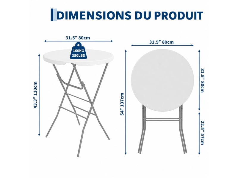  Table de bar pliante extérieure, table mange‑debout, table pour terrasse événement buffet, 110 cm, blanc  - Conforama C