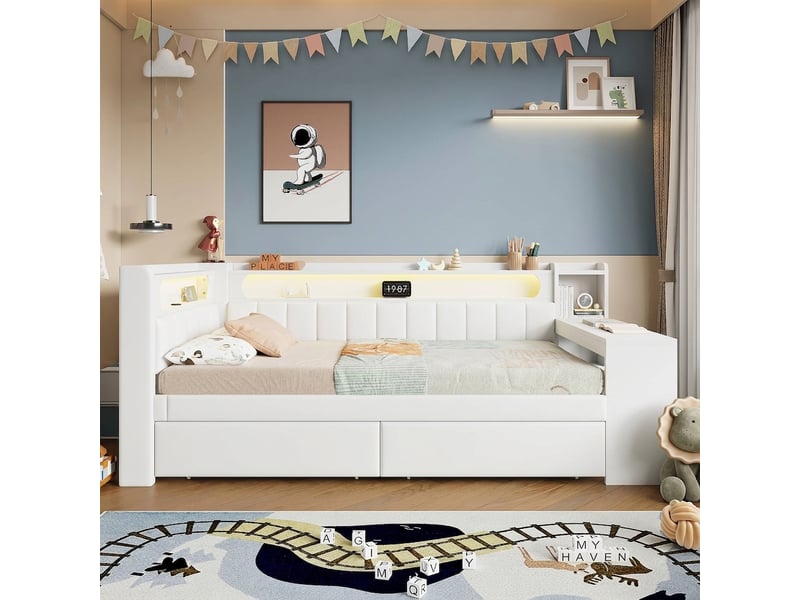  Lit de jour 90x200 avec bureau intégré et 2 tiroirs capitonné blanc  - Conforama B