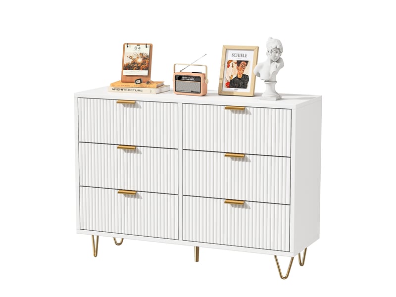 Commode 6 tiroirs 100 cm, commode chambre meuble de rangement moderne avec poignées et pieds dorés - Conforama A