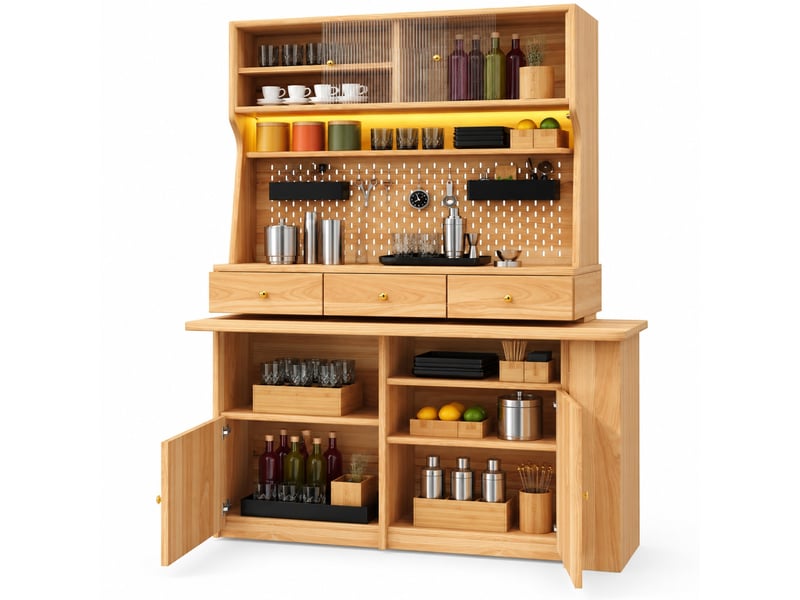  Armoire haute avec bureau intégré, led et usb - lpospi - portes vitrées, mdf naturel 137×74×177,7 cm  - Conforama A